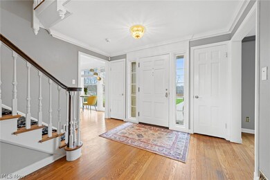 Foyer entrance with ornamental molding and light hardwood / wood-style flooring