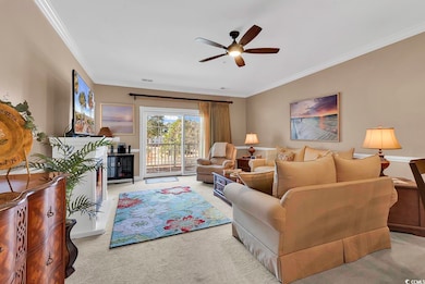 Living room featuring light carpet and ornamental 