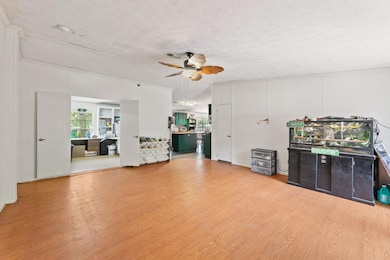 Living room featuring ceiling fan, wood finished 