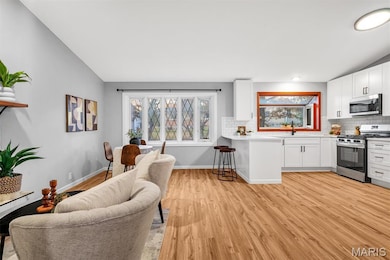 Kitchen with decorative backsplash, a breakfast bar area, white cabinetry, light wood finished floors, and stainless steel appliances