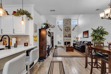 Kitchen with pendant lighting, a fireplace, light 