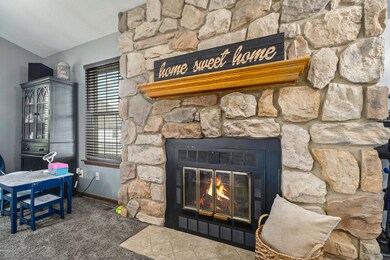 Stone, wood fireplace