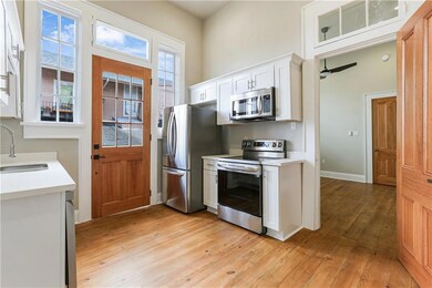 Kitchen view into living room