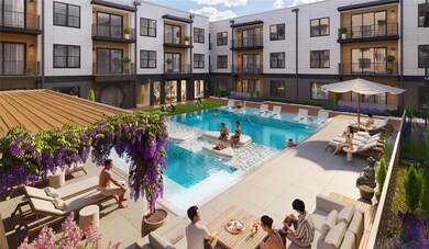 Community pool with a patio