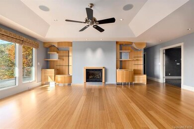 Open Living Room. Tray Ceiling. Built-In Shelving.