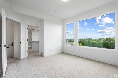 Unfurnished bedroom with a spacious closet and light colored carpet