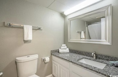 Bathroom with toilet, vanity, and a textured wall