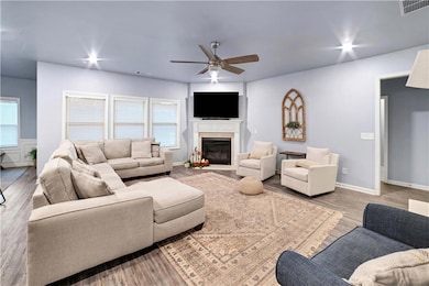 Living room featuring ceiling fan, wood finished floors, and a glass covered fireplace