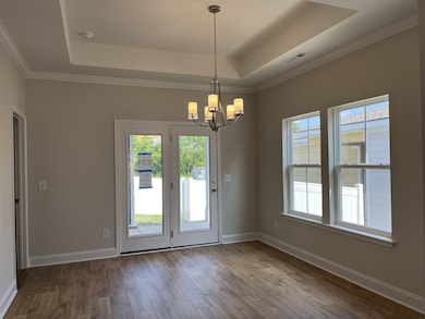 Dining Room with french door out to covered porxh.  Includes trey ceiling and laminate flooring.NOT ACTUAL HOME