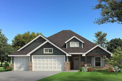 Craftsman-style home featuring board and batten siding, a front lawn, concrete driveway, brick siding, and an attached garage
