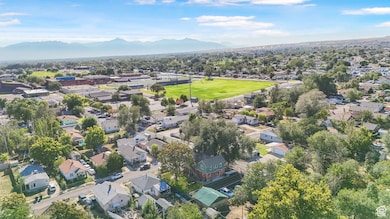 Aerial view of residential area with a mountain backdrop