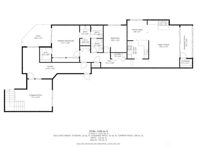 The floorplan includes the common entry patio and hall which is shared with one other homeowner. Note large rooms, ample closets and windows on three sides of the home.