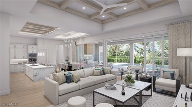 Living room with a high ceiling, coffered ceiling,