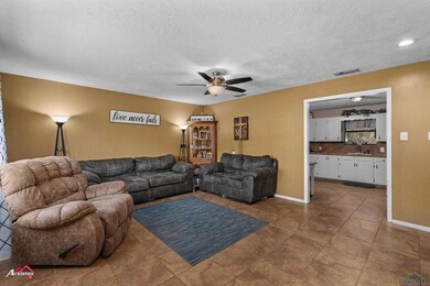 Living area featuring a ceiling fan, visible vents