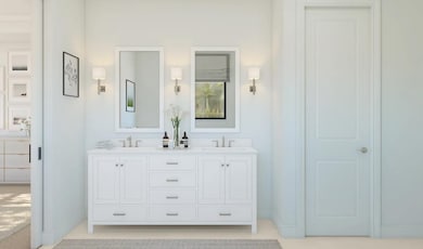 Primary bath with freestanding vanity