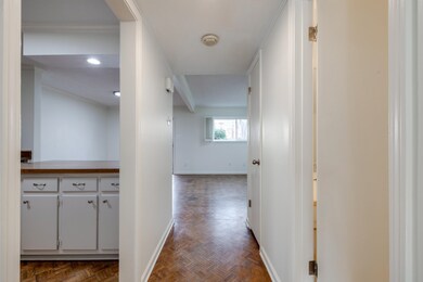 Hallway with dark parquet flooring and ornamental 