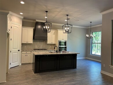 Kitchen with decorative light fixtures, dark hardw