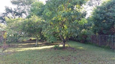 Back yard is fenced and has mature fruit trees.