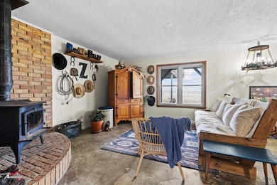 Living area with a wood stove and a textured ceili