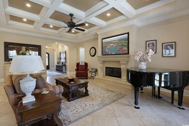 Tiled living room with beam ceiling, coffered ceil