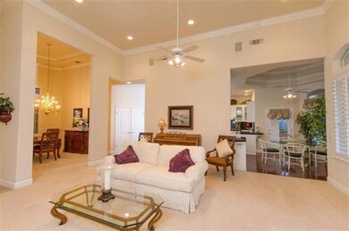 Panoramic view of the great room with dual ceiling