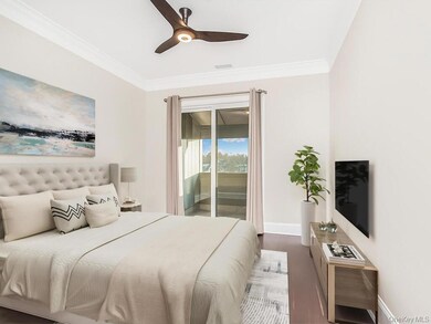 Bedroom featuring crown molding, wood finished floors, access to outside, and a ceiling fan