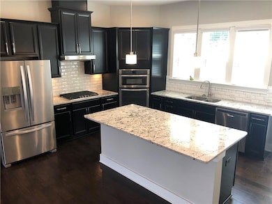 Kitchen featuring stainless steel appliances, dark wood-style flooring, tasteful backsplash, and dark cabinetry
