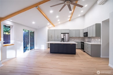 Bright with lots of light, vaulted open beam ceilings