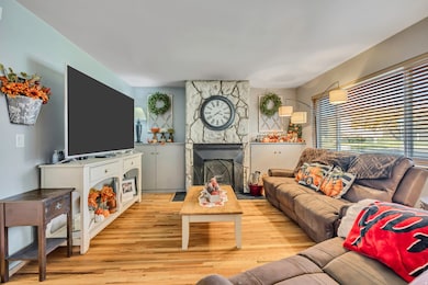 Living room with a stone fireplace and light wood-type flooring