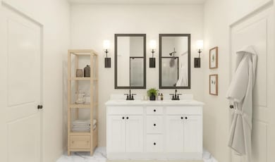 Primary bath with freestanding vanity