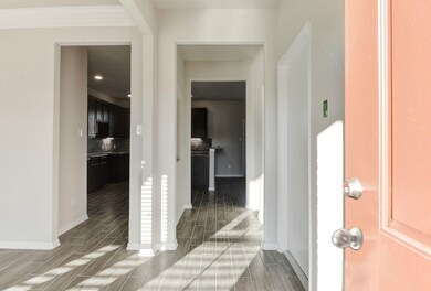 This photo shows a bright entryway with a view int
