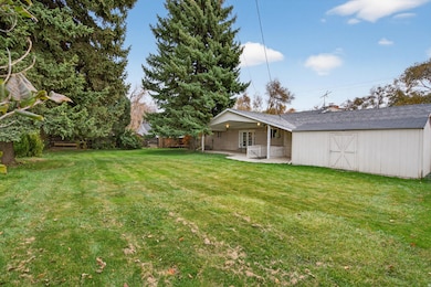 View of large yard featuring a covered patio and a huge shed