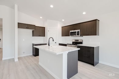 Kitchen with dark brown cabinetry, stainless steel appliances, light wood finished floors, recessed lighting, and a kitchen island with sink