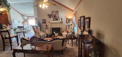 Living room with a tiled fireplace, high vaulted c