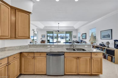 Kitchen with a tray ceiling, light stone counterto