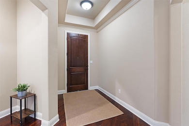 Foyer with dark wood-type flooring and a tray cei