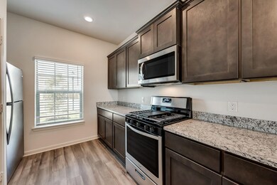 Kitchen featuring appliances with stainless steel finishes, dark brown cabinets, light stone countertops, light wood finished floors, and recessed lighting