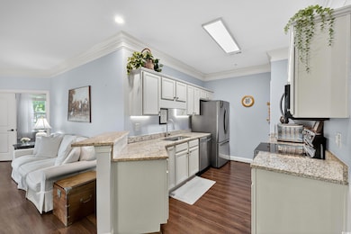 Kitchen featuring open floor plan, light stone counters, ornamental molding, dark wood-style floors, and a peninsula