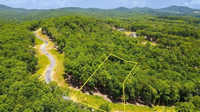 Aerial view Lot 64 and surrounding area with a heavily wooded area and property parcel outlined