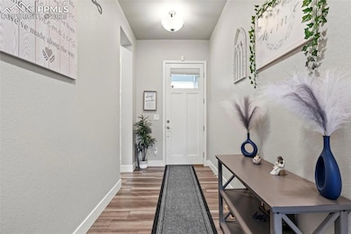 Entryway with wood finished floors and baseboards