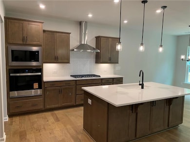 Gourmet kitchen with hood vent and built in applia