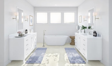 Primary bath with freestanding vanities & tub