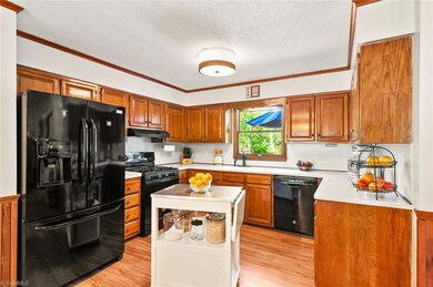 Kitchen with plenty of oak cabinetry, corian countertops, new lighting and kitchen faucet.  Appliances are only 3 years old and features a french door refrigerator and gas stove that has griddle attachment.
