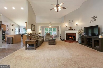 View to living room from front door.  Living Room has vaulted ceilings; and a view to kitchen