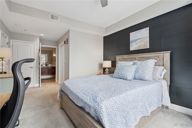 Bedroom featuring visible vents, baseboards, a cei