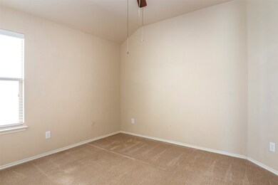 Unfurnished room with carpet floors, lofted ceiling, and ceiling fan