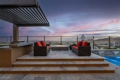 Patio terrace at dusk with an outdoor fire pit