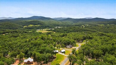 Bird's eye view of a heavily wooded area and a mountain backdrop
