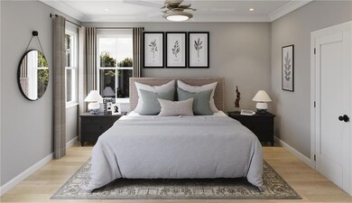 Bedroom with light wood-style flooring, crown molding, ceiling fan, and recessed lighting