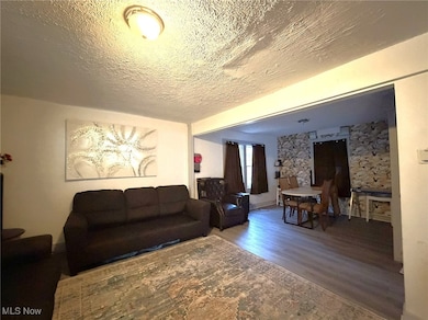 Living area with wood finished floors and a textured ceiling